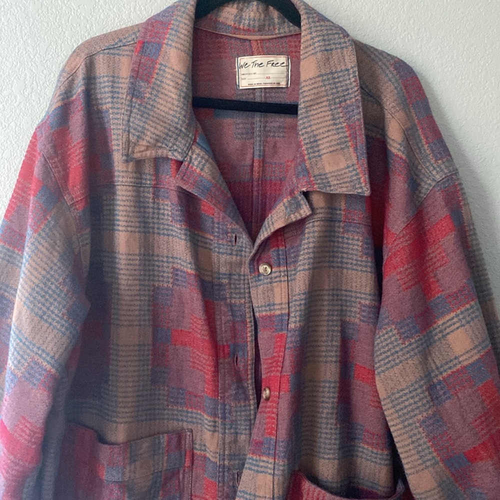 Free People Plaid Shacket in Red, Pink, Blue and Tan - Picture 4 of 7